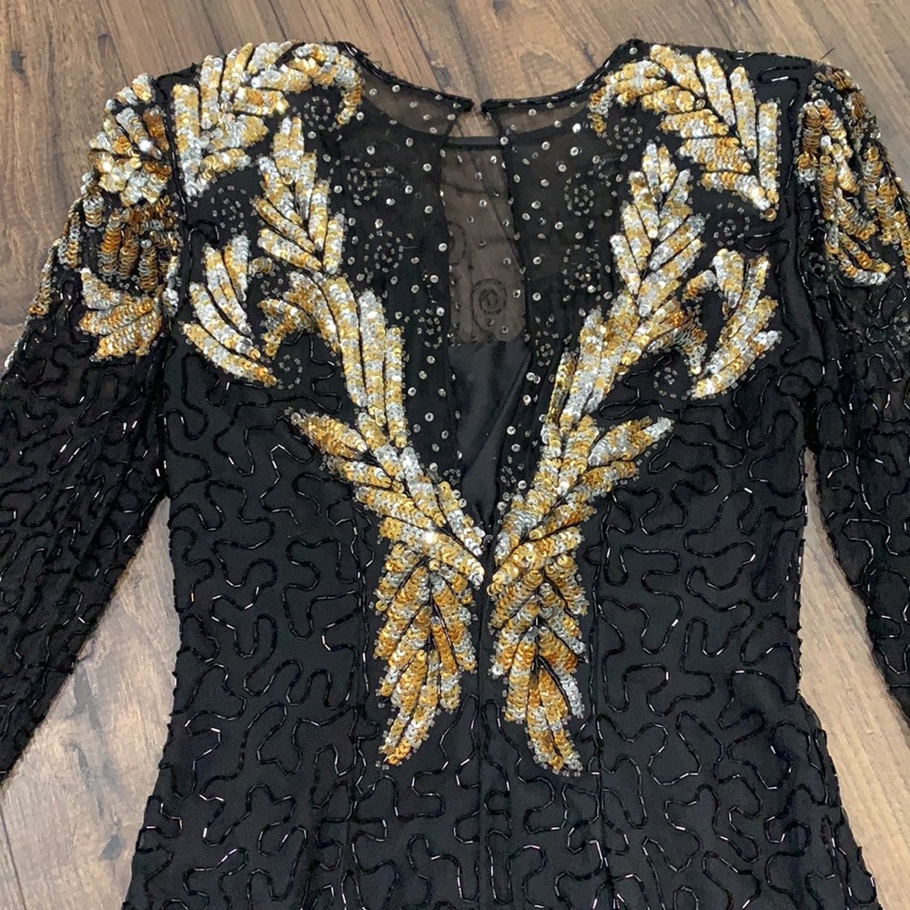 VINTAGE Laurence Kazar Pure Silk Beaded Dress Size Small, Black Gold & Sequin - Picture 10 of 15